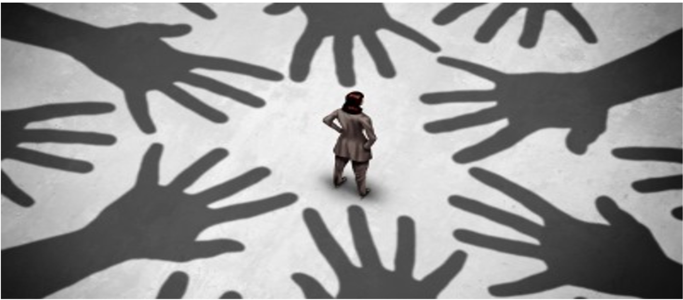 Image of several hands reaching to include a person who is standing alone